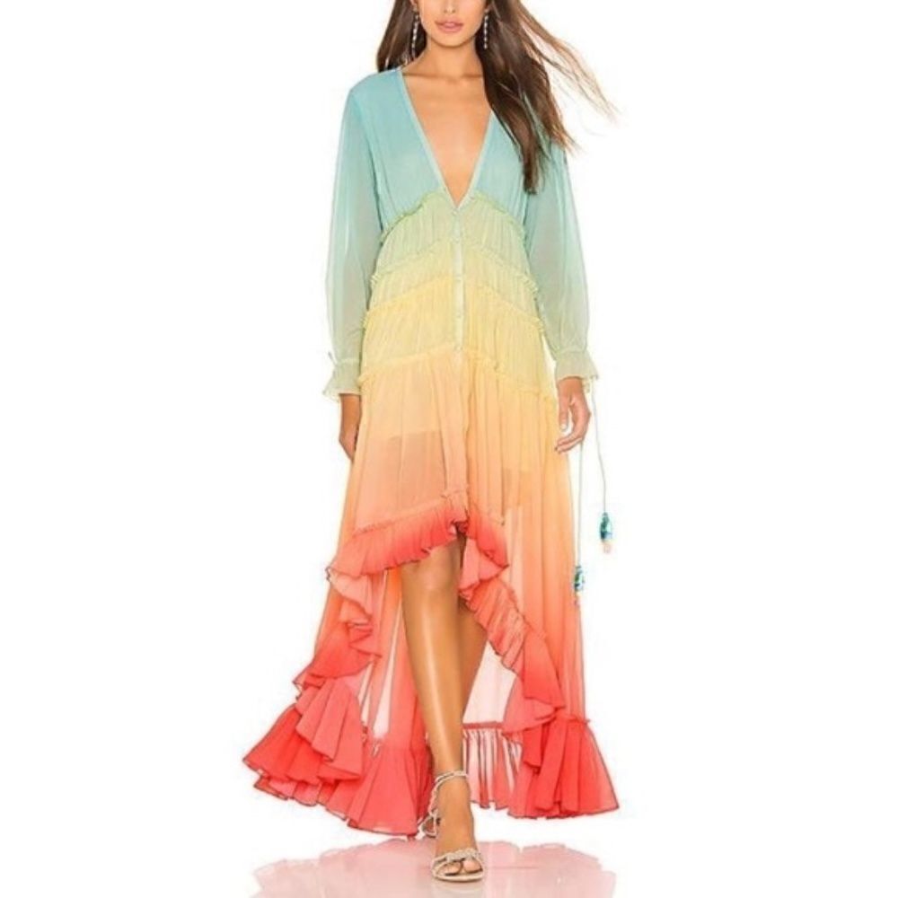 Ombre Ruffle Maxi Swim Coverup in Teal, Yellow & Coral